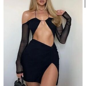 White fox sexy black cutout tie mesh slit dress small LBD